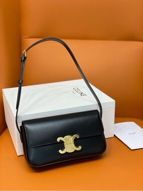 Celine Black Leather Shoulder Bag with Gold Triomphe